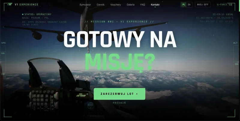 V1 Experience homepage with a view from an F-16 cockpit