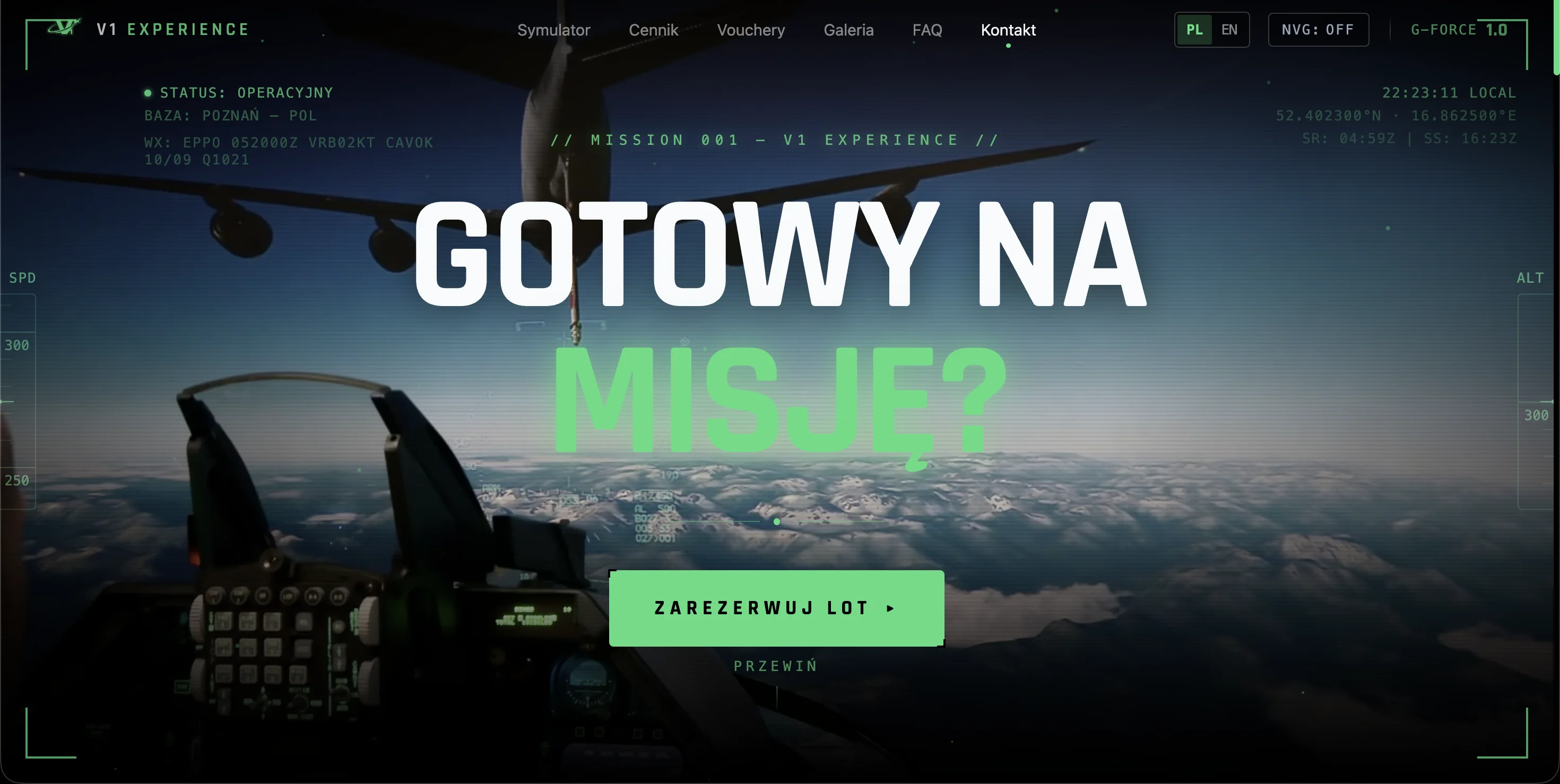 V1 Experience homepage with a view from an F-16 cockpit